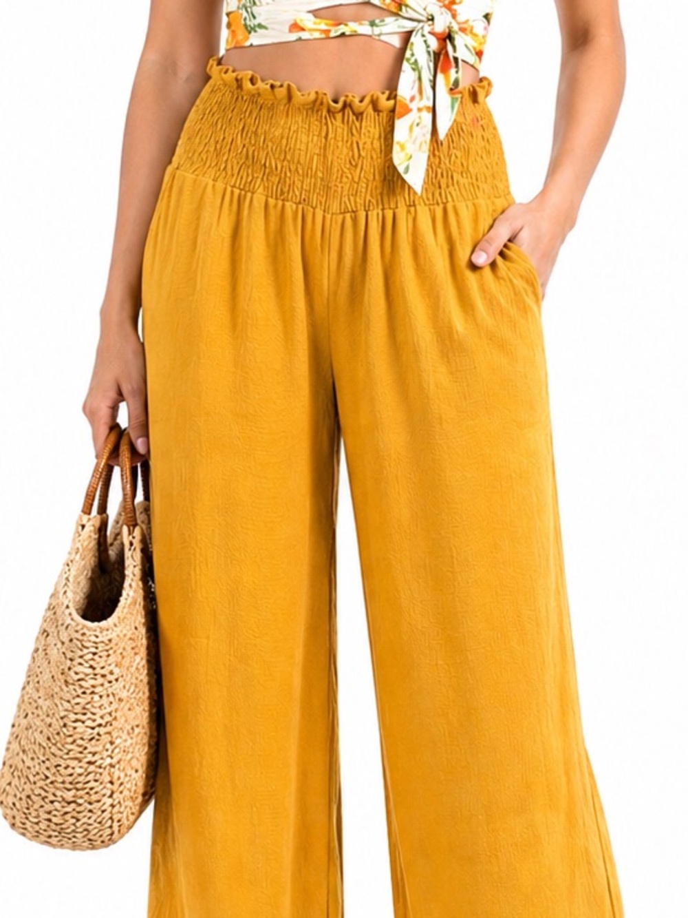 Smocked High-Waist Wide-Leg Pants in Mustard Yellow - Picture 3 of 3